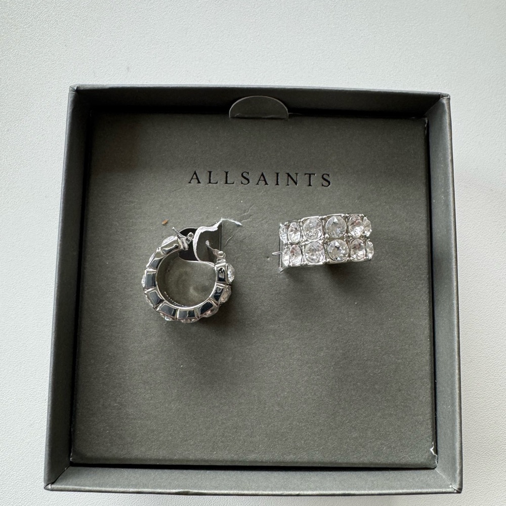 NWT AllSaints Silver Crystal-Embellished Hoop & Clip Earrings